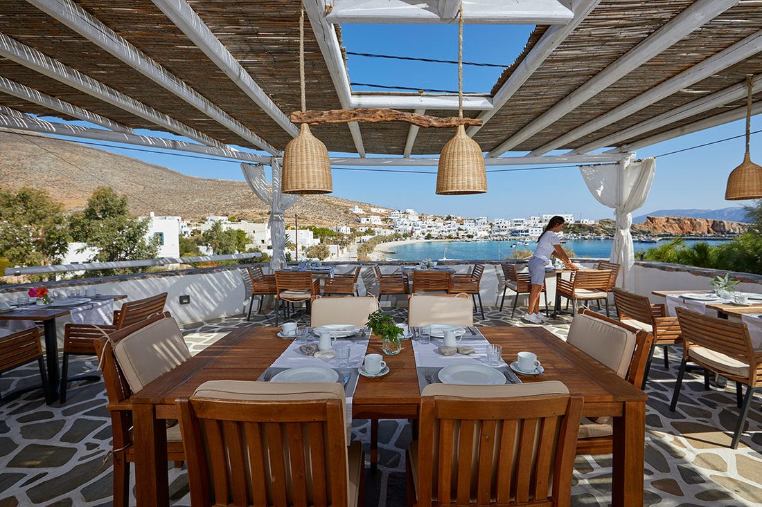 Greek breakfast for free in Vrahos boutique Hotel. Seaview hotels in karavostasi beach, folegandros. Folegandros booking online